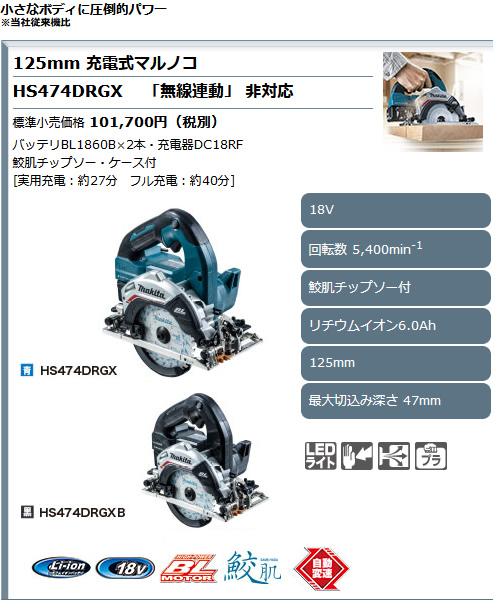 マキタ 125mm 充電式マルノコ HS474DRGX (青)／HS474DRGXB (黒) 18V